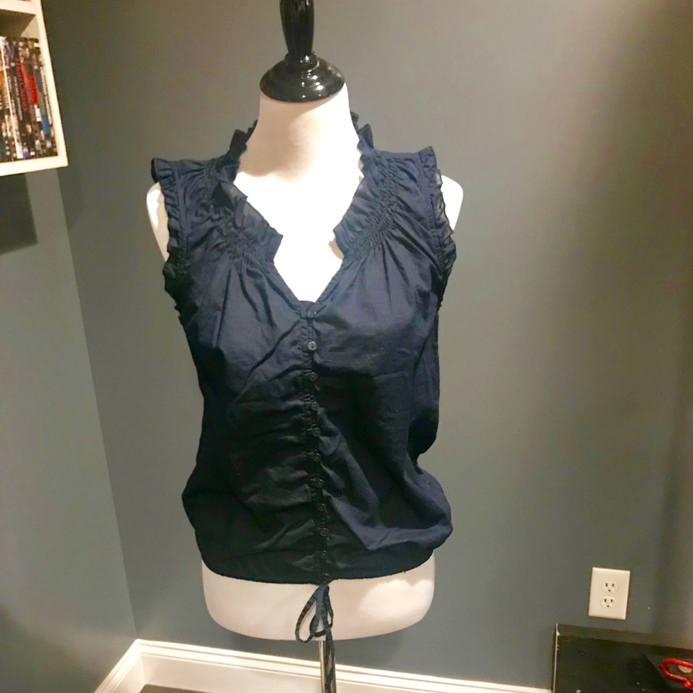 Loft, Navy Ruffle Neck Button Blouse